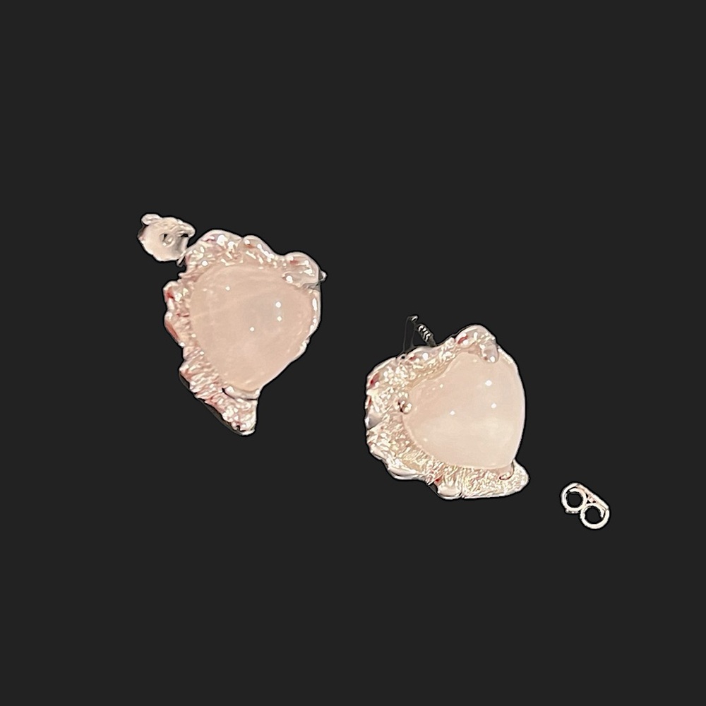 Fine solid 925 silver Irregular Natural Rose Agate Heart Shaped Earrings